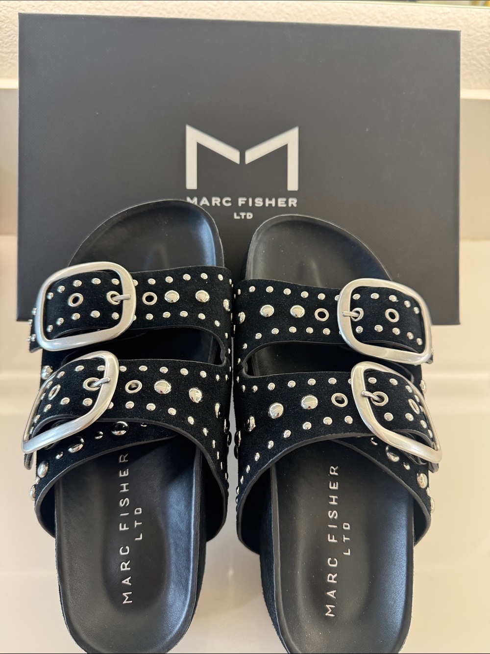 Marc Fisher Black Studded Double-Buckle Slide Sandals
